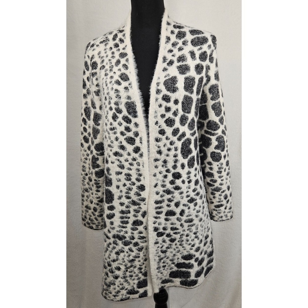 Alfani Open-Front Fuzzy Cardigan Sweater Gray Black Animal Print Soft Cozy